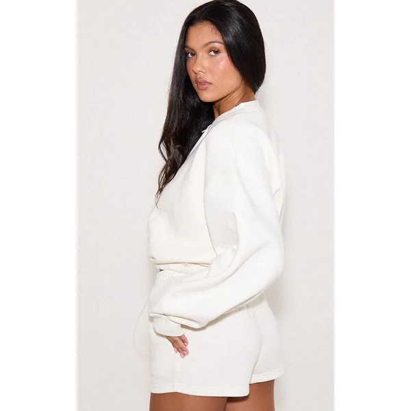 Blanc Cassé Sweat-shirt Court Zippé Avec Cordon De Serrage À La Taille