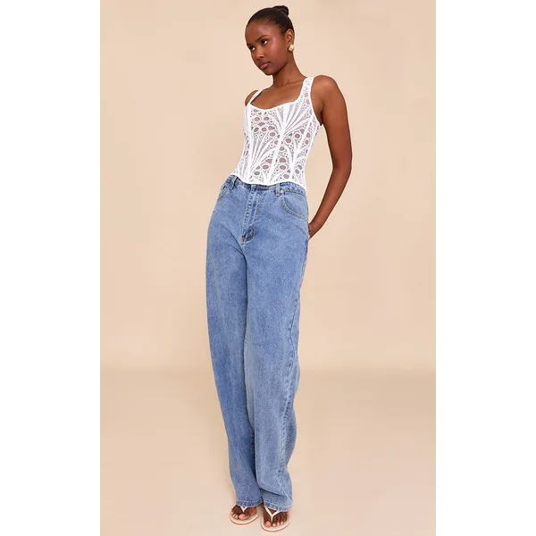 Blanc Corset À Encolure Carrée En Voile Texturé À Motifs Floraux