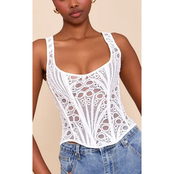 Blanc Corset À Encolure Carrée En Voile Texturé À Motifs Floraux