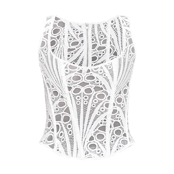 Blanc Corset À Encolure Carrée En Voile Texturé À Motifs Floraux