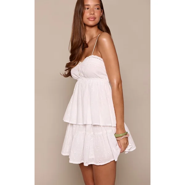 Blanc Ensemble Coordonné Jupe Mini Fluide En Broderie Anglaise