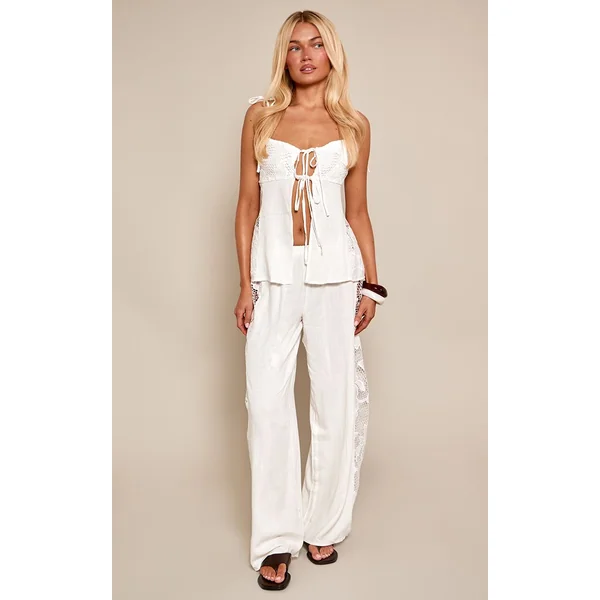Blanc Ensemble Coordonné Pantalon Avec Appliqué Dentelle Florale