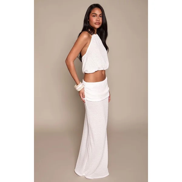 Blanc Ensemble Jupe Longue Texturée À Taille Froncée