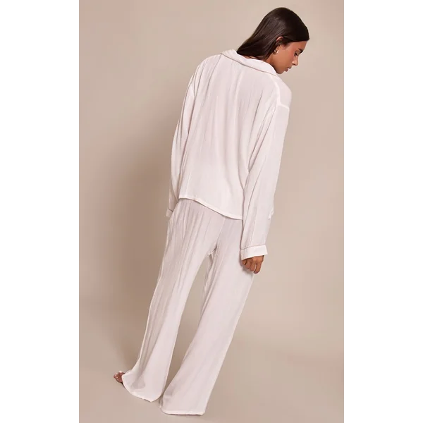 Blanc Ensemble Pyjama Long Froissé À Passepoil Contrasté