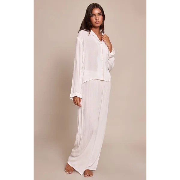Blanc Ensemble Pyjama Long Froissé À Passepoil Contrasté