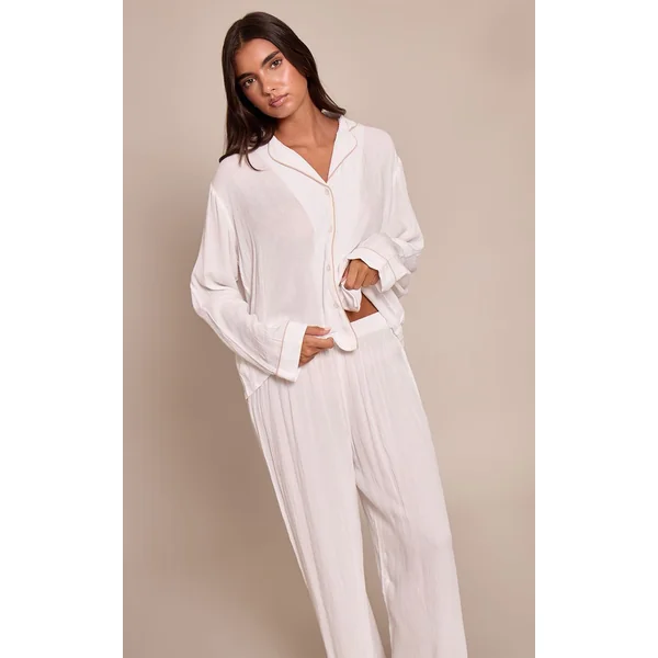 Blanc Ensemble Pyjama Long Froissé À Passepoil Contrasté