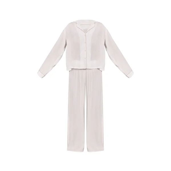 Blanc Ensemble Pyjama Long Froissé À Passepoil Contrasté