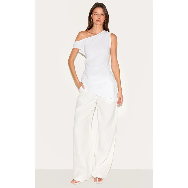 Blanc Haut Asymétrique À Une Épaule Aspect Lin