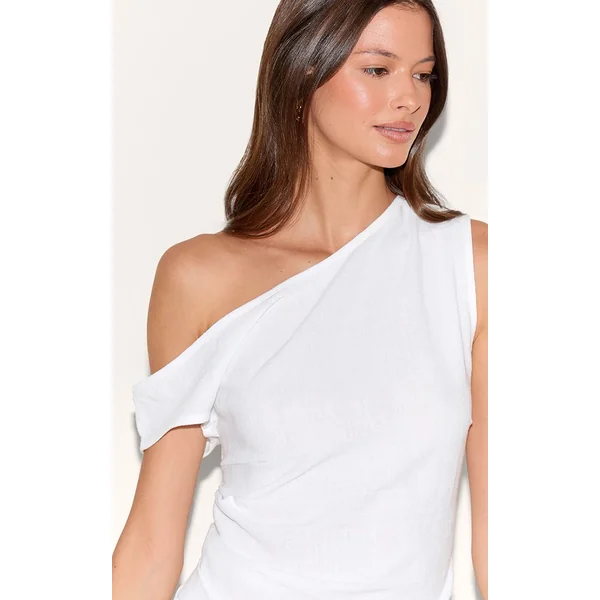 Blanc Haut Asymétrique À Une Épaule Aspect Lin