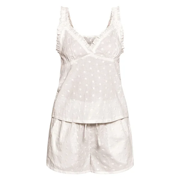 Blanc Haut De Pyjama Caraco À Bretelles Froncées Et Short À Pois Texturé