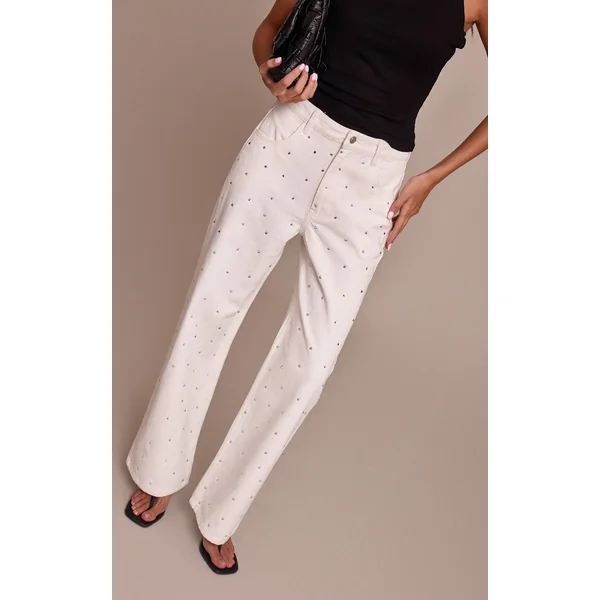Blanc Jean Droit Taille Haute En Denim Avec Strass Thermocollants