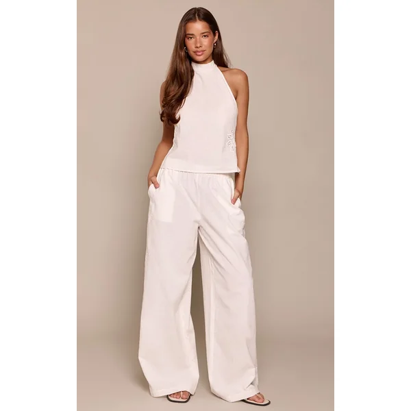 Blanc Pantalon Coordonné En Coton Avec Détail Brodé Soleil