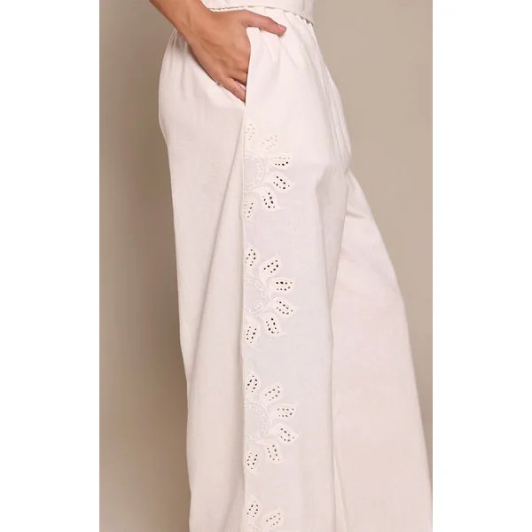 Blanc Pantalon Coordonné En Coton Avec Détail Brodé Soleil