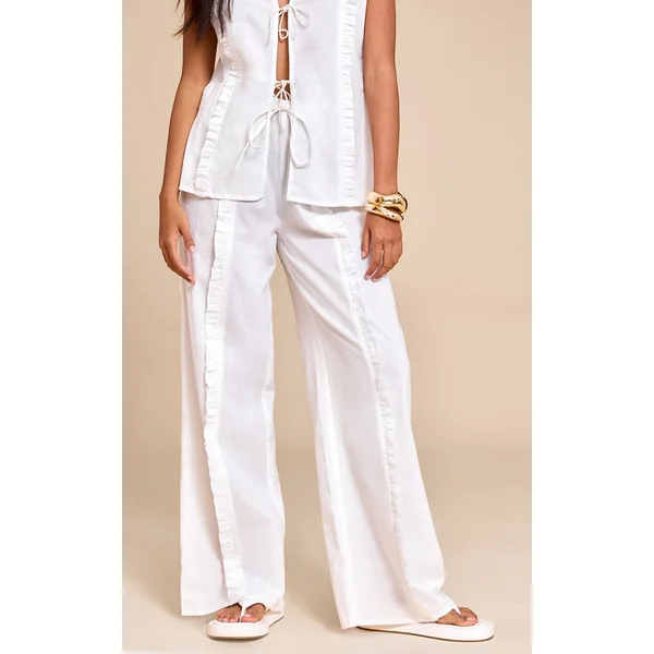 Blanc Pantalon Large À Cordon En Lin Avec Ensemble Coordonné