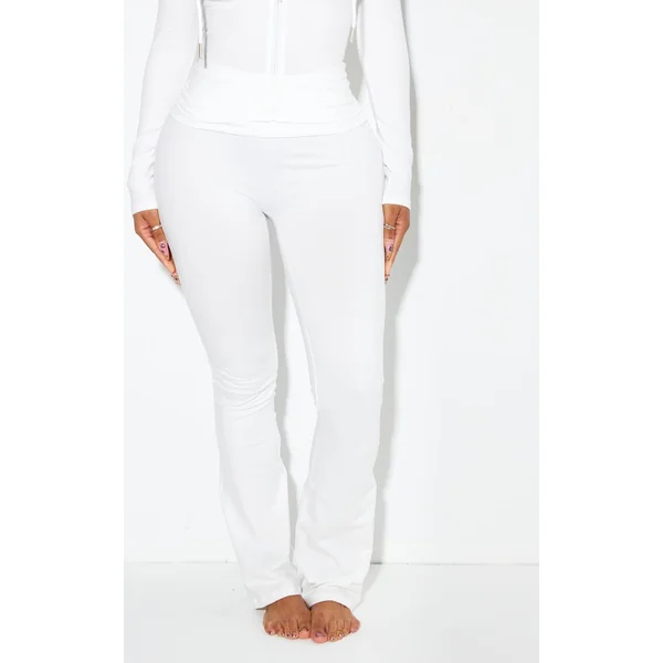 Blanc Pantalon Évasé Taille Haute Sculptant À Rabat Shape Stretch