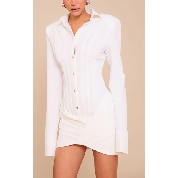 Blanc Robe Chemise Portefeuille En Tissu Tissé Structuré