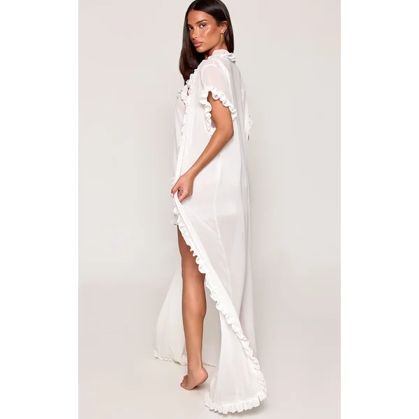 Blanc Robe Déshabillé Transparente En Mousseline À Volants Et Liens À Nouer Devant