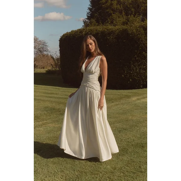 Blanc Robe Longue Satinée Froncée