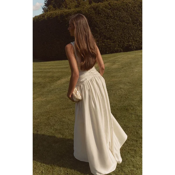 Blanc Robe Longue Satinée Froncée