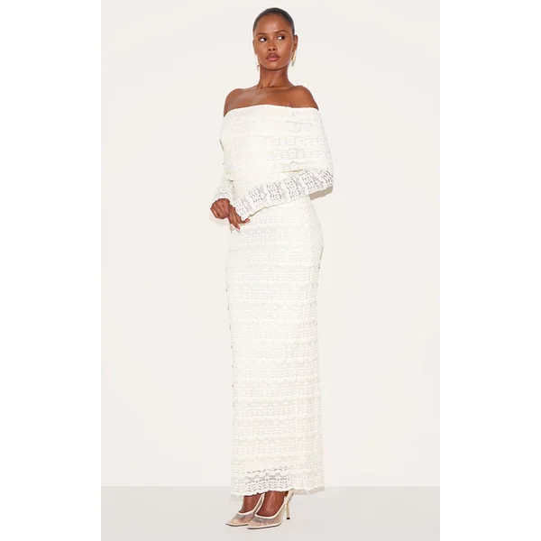 Blanc Robe Maxi Texturée À Col Bardot