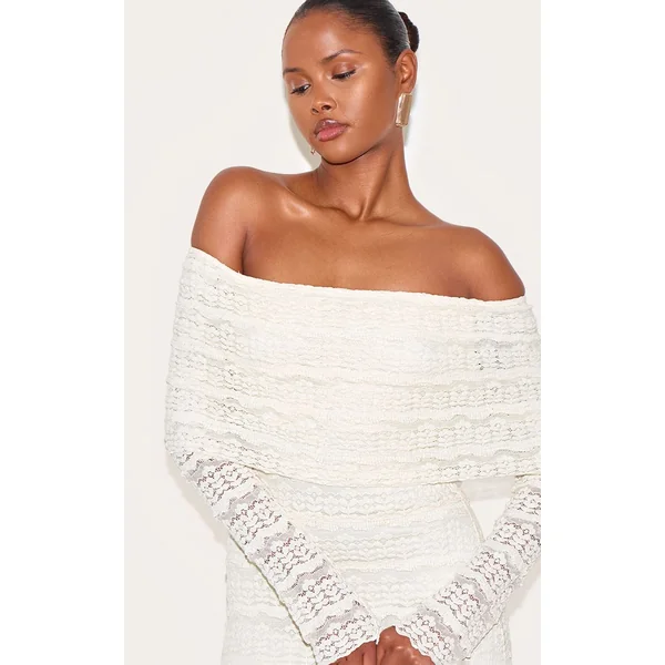 Blanc Robe Maxi Texturée À Col Bardot