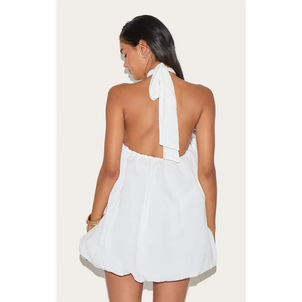 Blanc Robe Mini Bouffante Imprimée À Col Licou