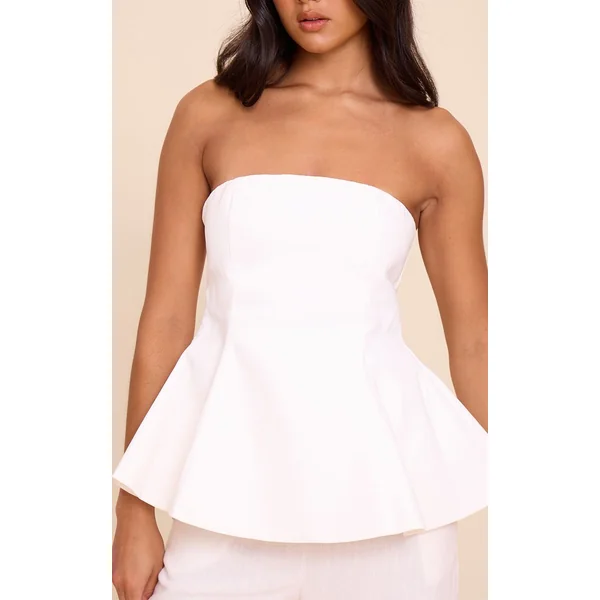 Blanc Top Bandeau À Basque Structuré En Tissage