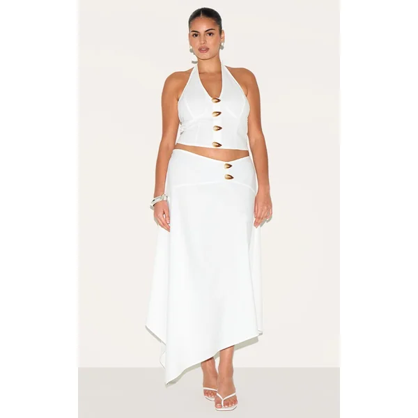 Blanc Top Court Grande Taille Col Licou Tissé Avec Détails Boutons Coordonné