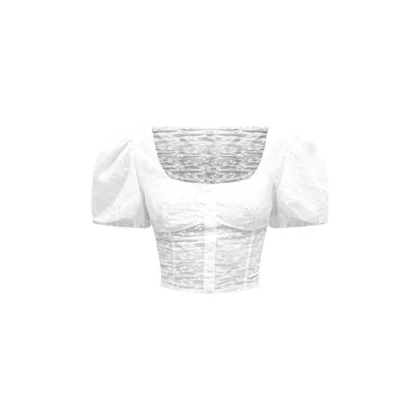 Blanc Top En Coton Broderie Anglaise À Manches Bouffantes Et Boutonnage Devant