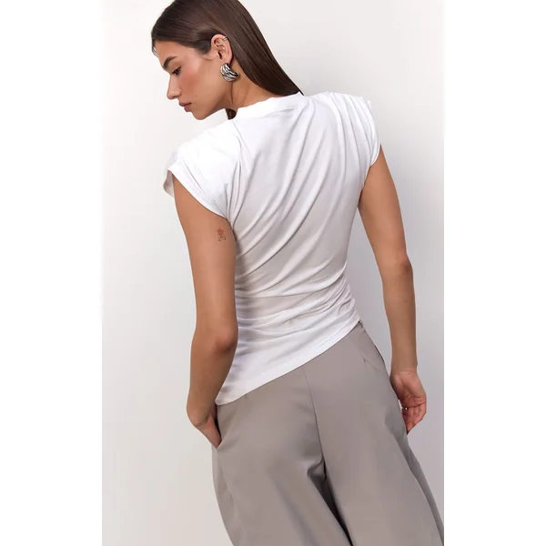 Blanc T-shirt En Coton À Détail D'épaule Et Ourlet Asymétrique