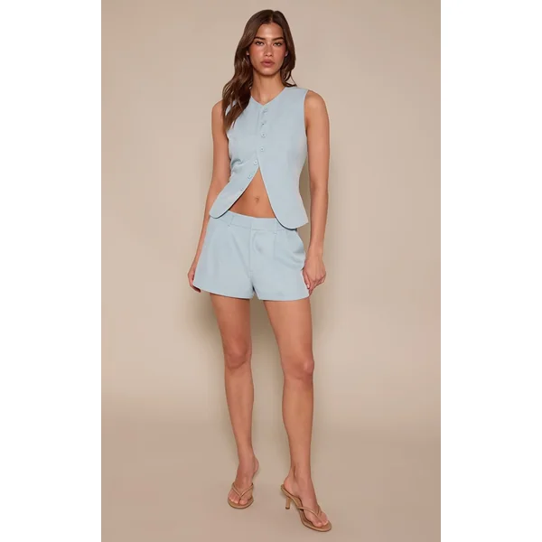 Bleu Cendré Gilet Ajusté Tissé Ensemble Coordonné