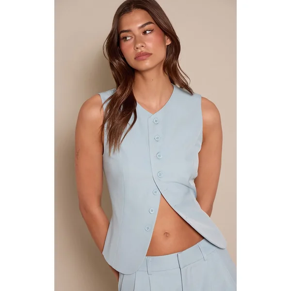Bleu Cendré Gilet Ajusté Tissé Ensemble Coordonné