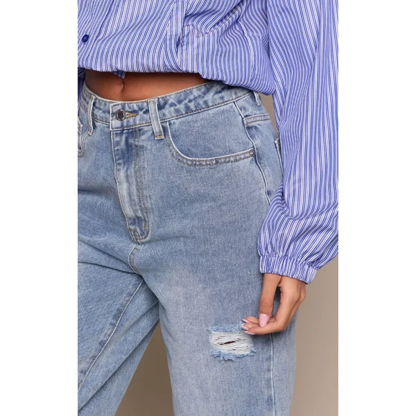 Bleu Clair Délavé Jean Droit Taille Haute Déchiré Extra Long Délavage Clair Pour Femmes Grandes Tailles