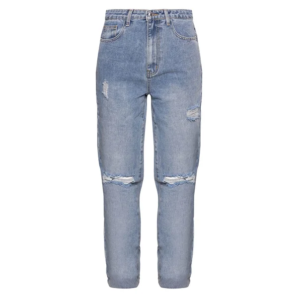 Bleu Clair Délavé Jean Droit Taille Haute Déchiré Extra Long Délavage Clair Pour Femmes Grandes Tailles