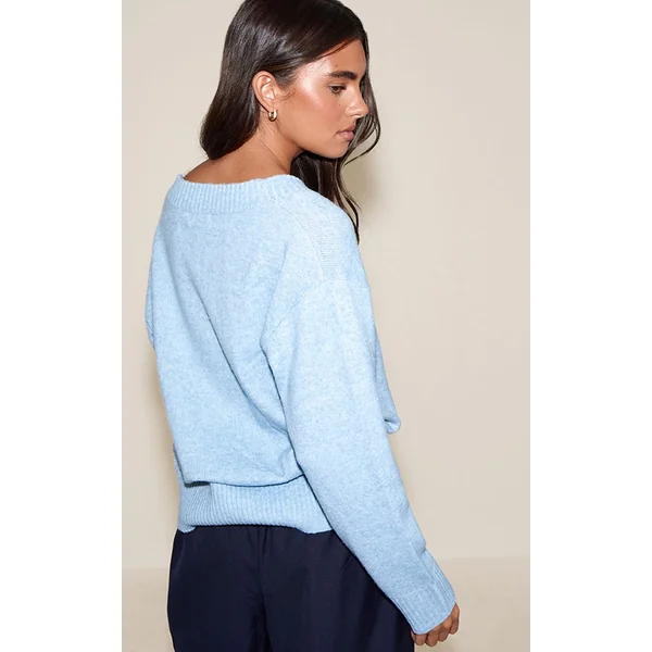 Bleu Clair Synthétiquell Tricoté À Col En V