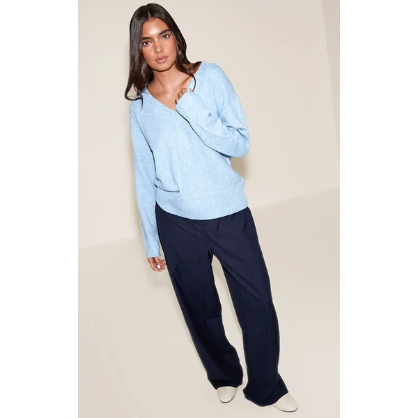 Bleu Clair Synthétiquell Tricoté À Col En V