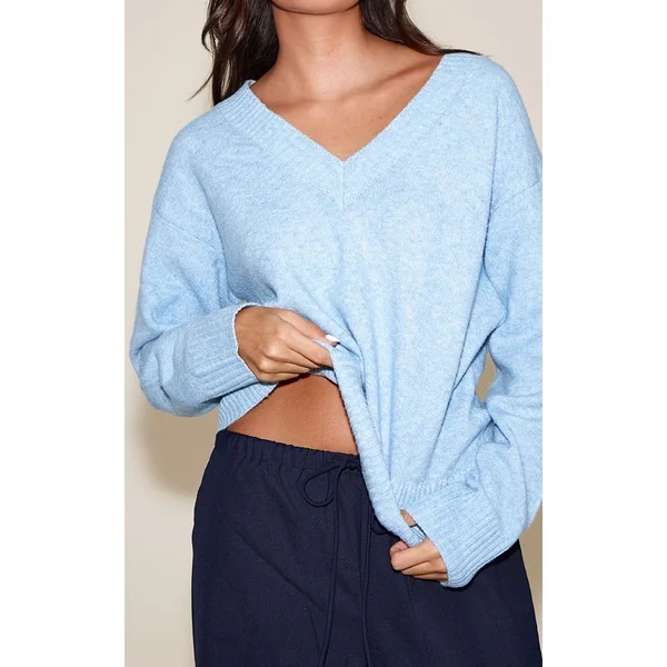 Bleu Clair Synthétiquell Tricoté À Col En V