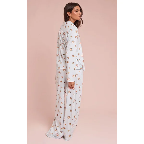 Bleu Ensemble De Pyjama Imprimé À Manches Longues Avec Boutonnage
