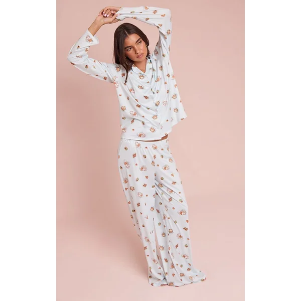 Bleu Ensemble De Pyjama Imprimé À Manches Longues Avec Boutonnage
