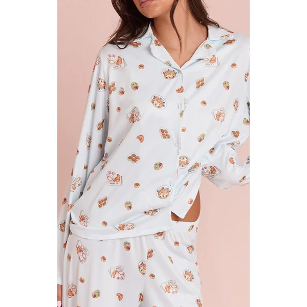 Bleu Ensemble De Pyjama Imprimé À Manches Longues Avec Boutonnage