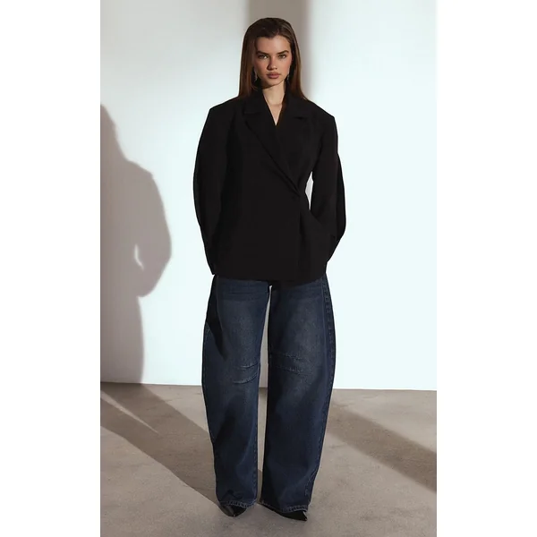 Bleu Foncé Jean Barrel Taille Basse Vintage