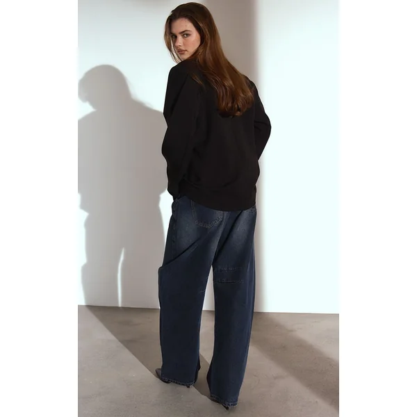 Bleu Foncé Jean Barrel Taille Basse Vintage