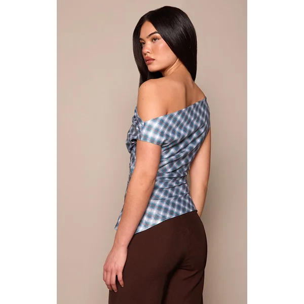 Bleu Haut Drapé À Encolure Asymétrique À Carreaux