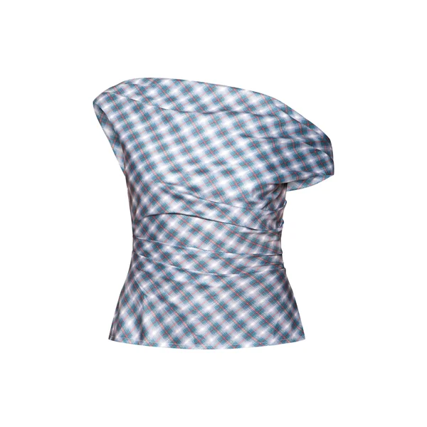 Bleu Haut Drapé À Encolure Asymétrique À Carreaux