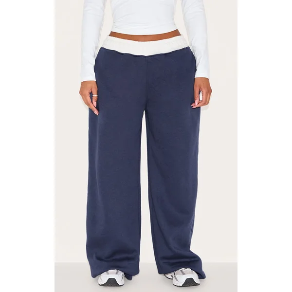 Bleu Marine Joggers Shape Taille Haute Bande Contrastante Jambes Larges