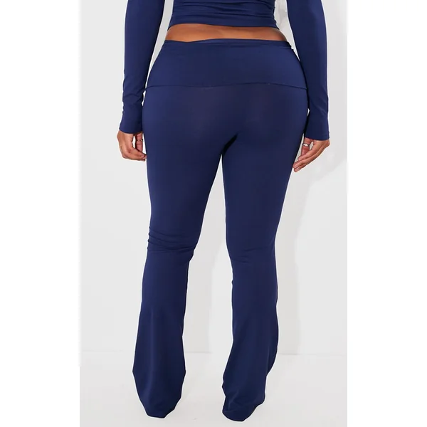 Bleu Marine Pantalon Évasé Taille Haute Sculptant À Rabat Shape Stretch