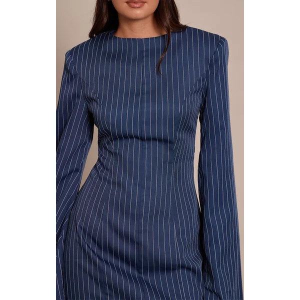 Bleu Marine Robe Courte À Manches Longues Structurée Col Bateau À Fines Rayures