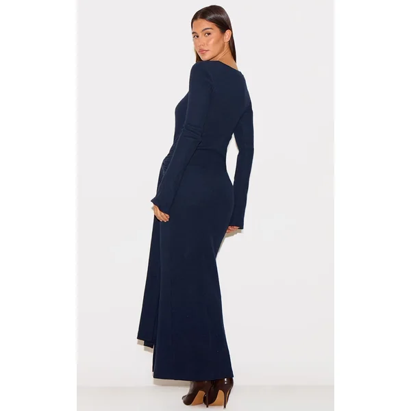 Bleu Marine Robe Maxi Portefeuille À Côtes Brossées Épaisses Avec Lien
