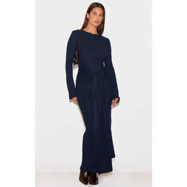 Bleu Marine Robe Maxi Portefeuille À Côtes Brossées Épaisses Avec Lien