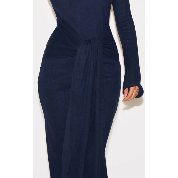 Bleu Marine Robe Maxi Portefeuille À Côtes Brossées Épaisses Avec Lien